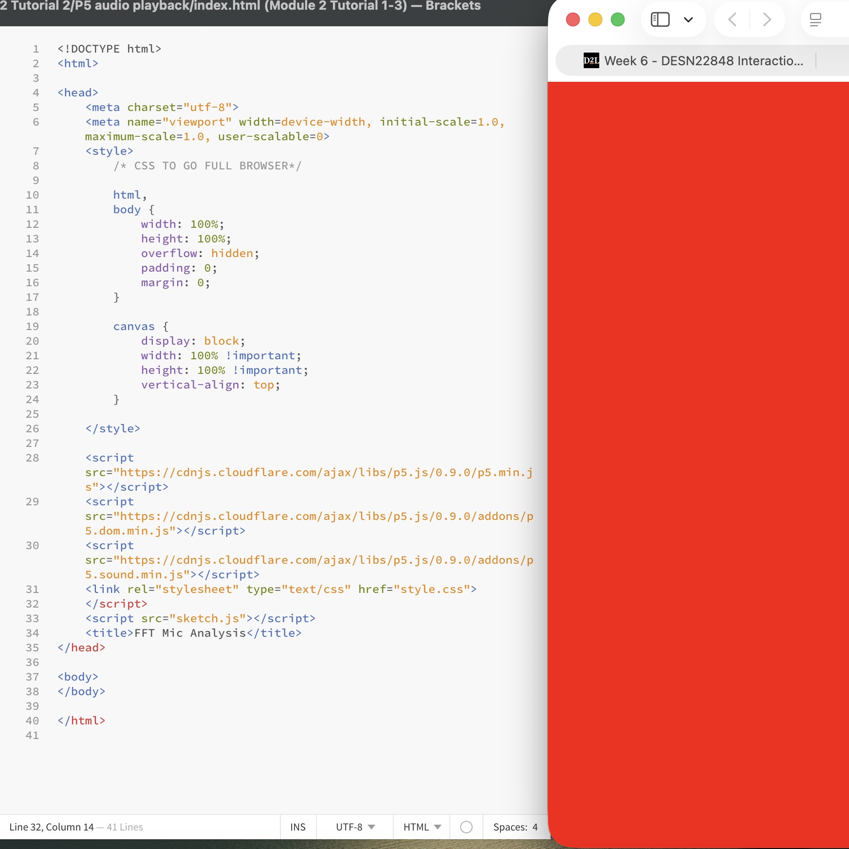 The tutorial shows a webpage which can be clicked to play/pause the audio. This is the pause state displaying red color.