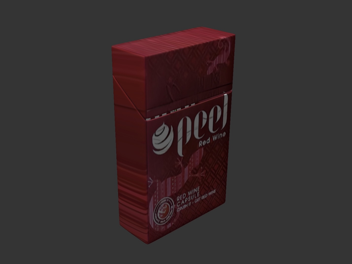 This is a side front view picture of a cigarette box model.